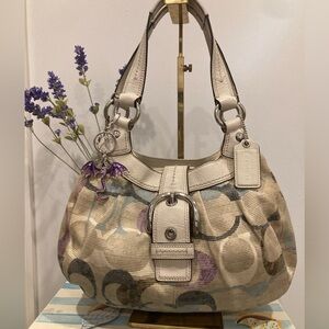 Coach Shoulder Bag in Beige with Purple and Blue Accents